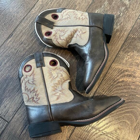 Laredo Western Cowboy Brown Tan Collared Square Toe Boots Youth Kids Size 3 M - Picture 1 of 8